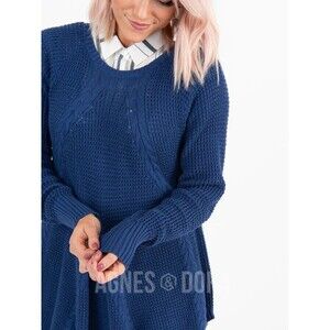 Agnes & Dora Sweater Womens M Navy Cable Pullover Crew Neck Long Tunic Cozy